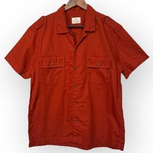 Mutual Weave Men Short Sleeve Button Up Shirt Rust Orange Linen Cotton Blend L
